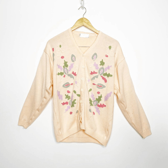 Vintage 80s Floral embroidered cardigan sweater orange pastel oversized M L - Picture 2 of 5